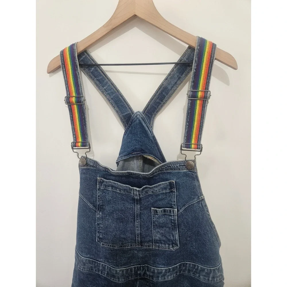 Lane Bryant Rainbow Strap Denim Boyfriend Overalls Shorts Distressed Blu Size 28 - Picture 8 of 9